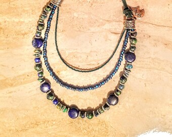 L2SC Peg Montana Necklace 2 Strand Tigers eye and Blue metallic Tree of life dragonflies and star charms