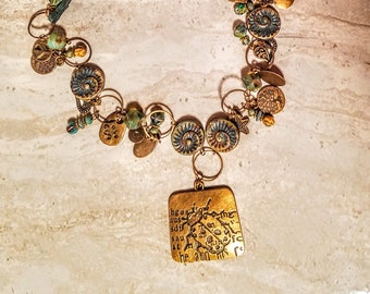 L2SC Peg Montana Necklace 2 Strand Tigers eye and Blue metallic Tree of life dragonflies and star charms