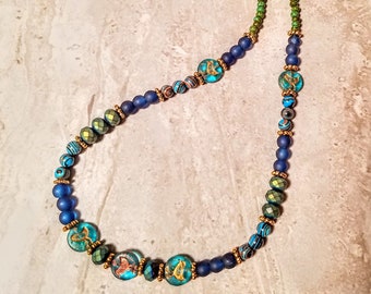 L2SC Peg Montana Necklace 2 Strand Tigers eye and Blue metallic Tree of life dragonflies and star charms