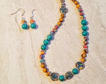 L2SC Peg Montana Necklace 2 Strand Tigers eye and Blue metallic Tree of life dragonflies and star charms