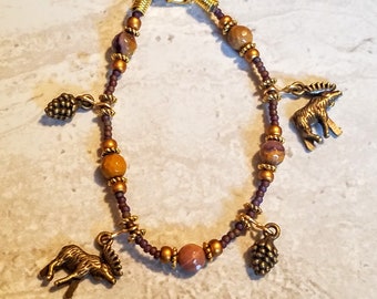 L2SC Peg Montana Necklace 2 Strand Tigers eye and Blue metallic Tree of life dragonflies and star charms