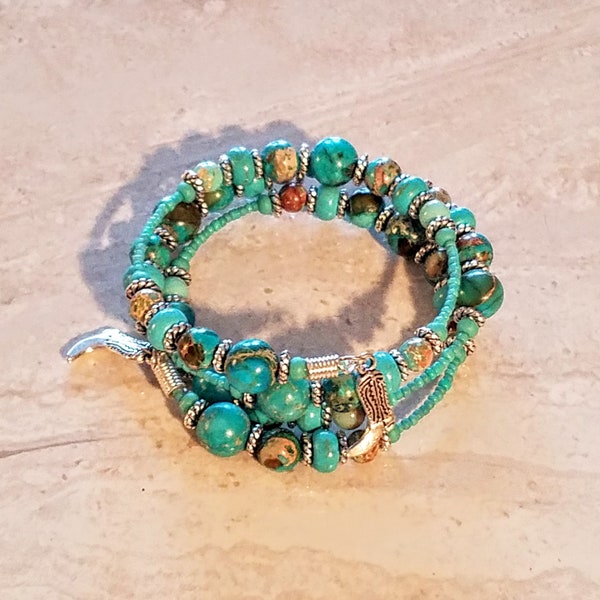 WB Peg Montana Turquoise and Imperial Jasper  Memory Wire Wrap bracelet with pewter cowboy boot charms