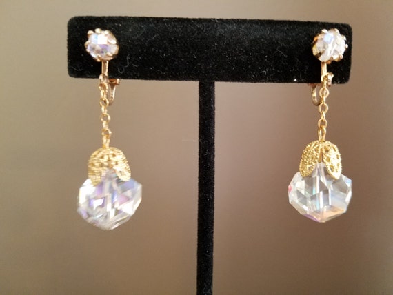 Vintage Crystal & Gold Dangle Clip On Earrings - image 1