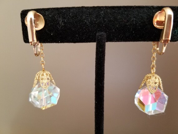 Vintage Crystal & Gold Dangle Clip On Earrings - image 3