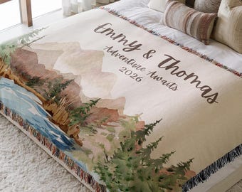 Personalized Mountain Couple Blanket, Adventure Awaits Wedding Gift, Woven Throw Names, Outdoorsy Anniversary Blanket, Engagement Gift 008
