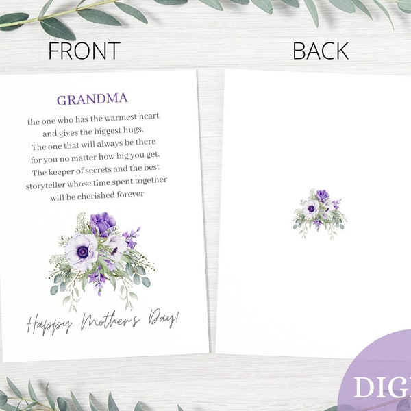 Mother's Day Card for Grandma, Printable Grandma Poem, Happy Mother's Day Grandma Card, Grandmother Card with Purple Flowers, Cute card