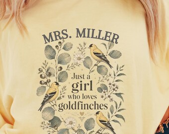 Custom Vintage Goldfinch Bird Shirt, Just a Girl Cottagecore Tee, Comfort Colors Botanical Teacher T-Shirt, Iowa Eastern Goldfinch Gift