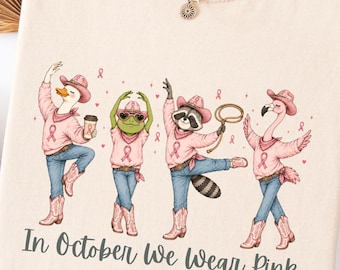 In October We Wear Pink Cowgirl Shirt, Western Breast Cancer Awareness Tee, Pink Ribbon Cowgirl Gift, Country Girl Comfort Colors Shirt