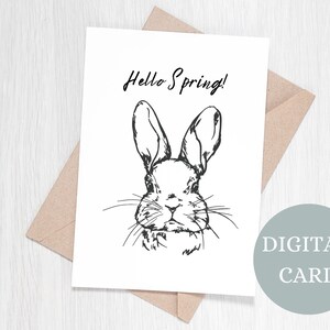 Tarjeta imprimible Hello Spring, tarjeta de felicitación del conejito de Pascua, tarjeta de Pascua digital, tarjeta imprimible de Pascua feliz, tarjeta de felicitación en blanco del conejito de Pascua