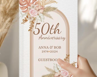 Personalized 50th Wedding Anniversary Guest Book, Boho Floral Golden Anniversary Keepsake, Custom Couple Memory Book Gift