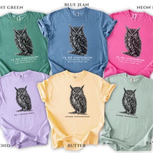 Puede incluir: Seis camisetas de manga corta en colores verde claro, azul vaquero, rosa ne&oacute;n, orqu&iacute;dea, mantequilla y bay. Cada camiseta presenta una ilustraci&oacute;n de b&uacute;ho en blanco y negro con texto como I'm Not Overthinking, Not a Morning Person o Already Overstimulated.