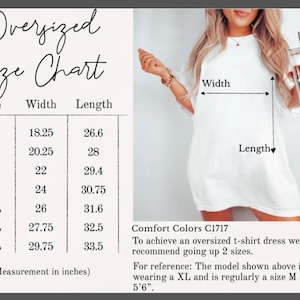 Puede incluir: Vestido camiseta blanco de gran tama&ntilde;o con una tabla de tallas. La tabla enumera las tallas S a 4XL con medidas de ancho y largo en pulgadas. La modelo lleva una XL y mide 168 cm.