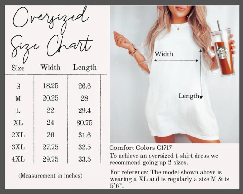 Puede incluir: Vestido camiseta blanco de gran tama&ntilde;o con una tabla de tallas. La tabla enumera las tallas S a 4XL con medidas de ancho y largo en pulgadas. La modelo lleva una XL y mide 168 cm.