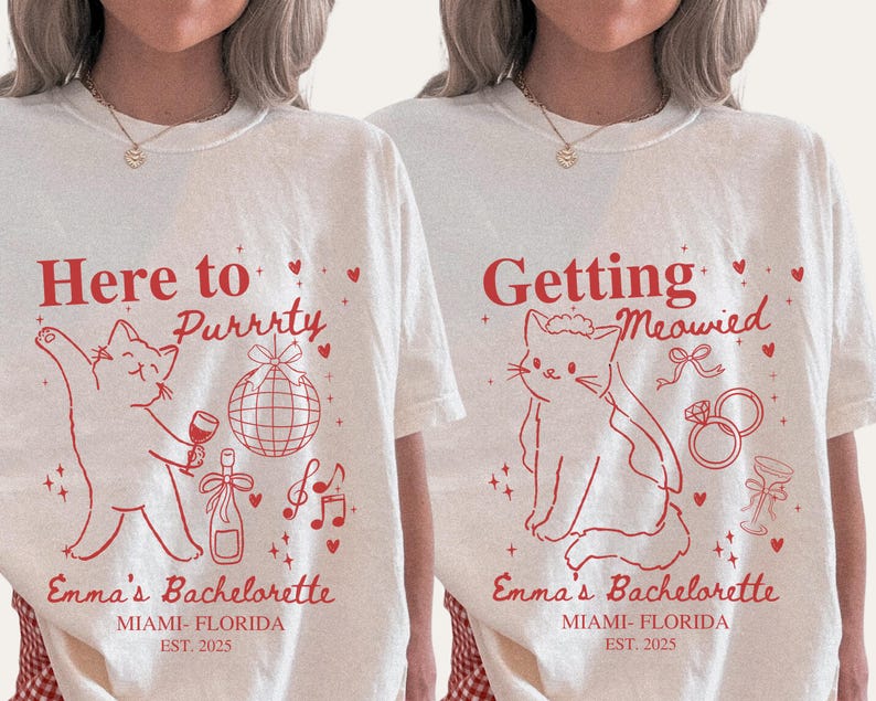 Cat themed bachelorette shirt with playful cat illustration, wedding icons and personalized text for bridal party trip, soft casual tee for bridesmaids and bride