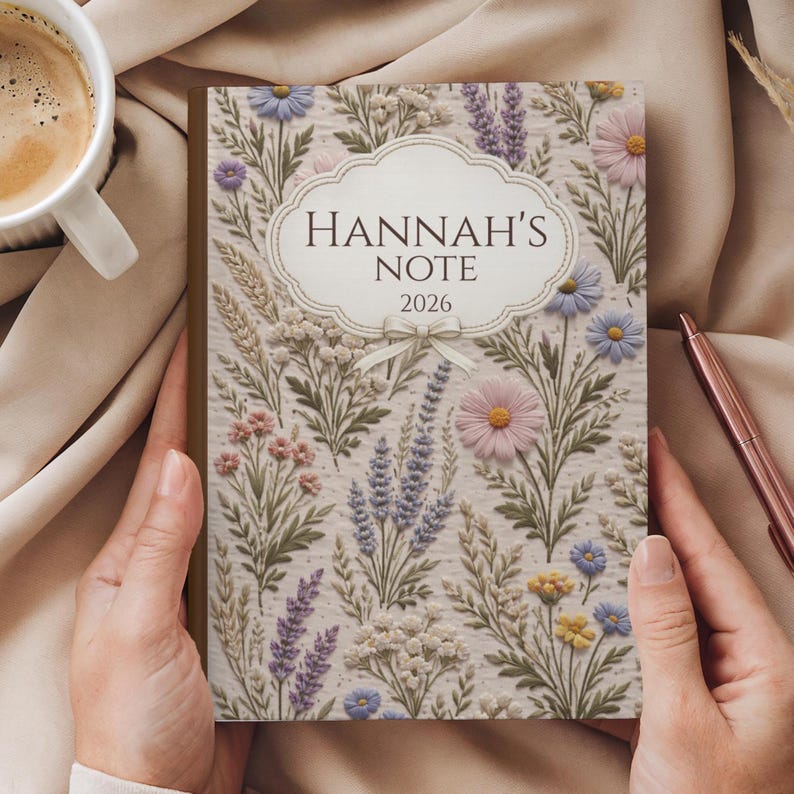 May include: A floral-themed notebook with the text "HANNAH'S NOTE 2026" on the cover. The notebook features a cream-colored background with embossed flowers in shades of pink, blue, yellow, and purple. A pen rests on the side.