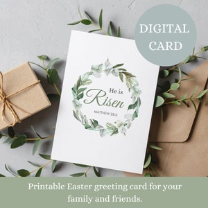 Cartão de felicitações Ele ressuscitou para impressão, cartão de Páscoa religioso para impressão, cartão de Páscoa digital, cartão de felicitações em branco, cartão de Páscoa religioso, bíblia