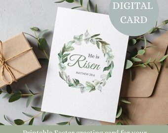Printable He is risen Greeting Card, Religious Easter Card Printable, Digital Easter Card, blank greeting card, Easter Card Religious, bible