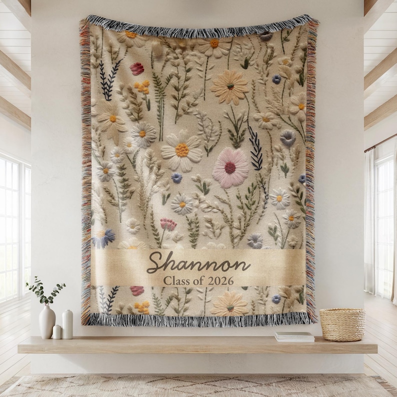 Personalized Wildflower Woven Blanket, Vintage Floral Tapestry Gift, Boho Nature Gift for Sister, Friends, Nature Aesthetic Blanket 016 image 16