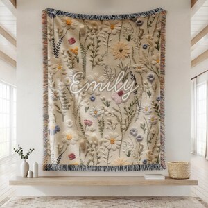 Personalized Wildflower Woven Blanket, Vintage Floral Tapestry Gift, Boho Nature Gift for Sister, Friends, Nature Aesthetic Blanket 016 image 14