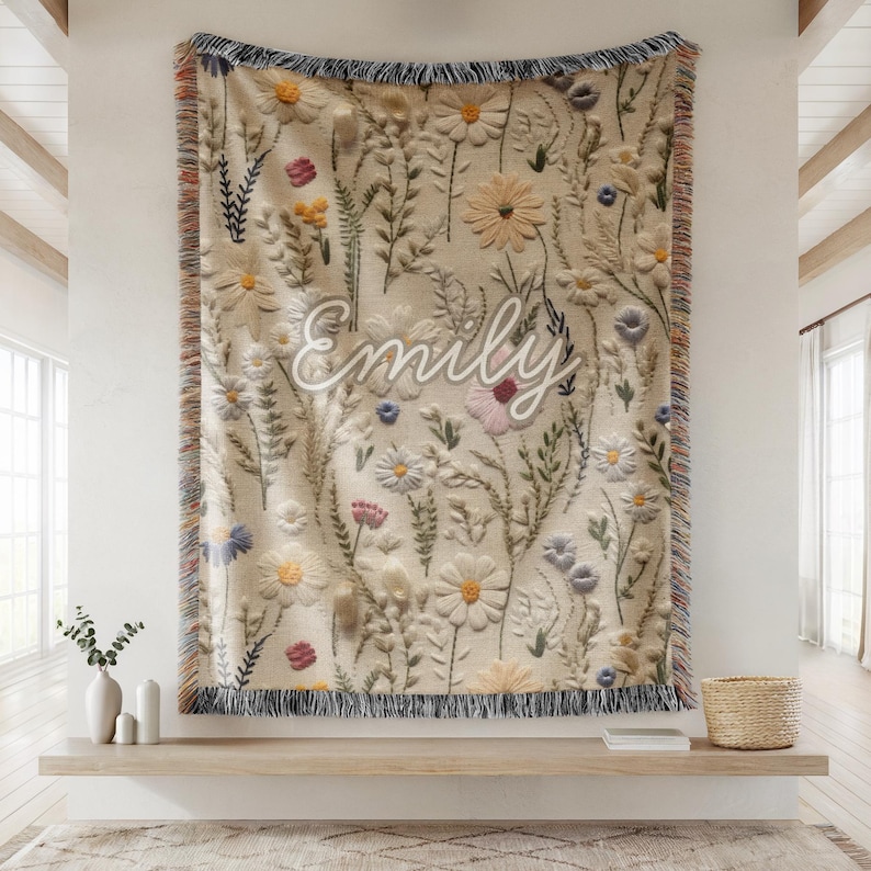 Personalized Wildflower Woven Blanket, Vintage Floral Tapestry Gift, Boho Nature Gift for Sister, Friends, Nature Aesthetic Blanket 016 image 14