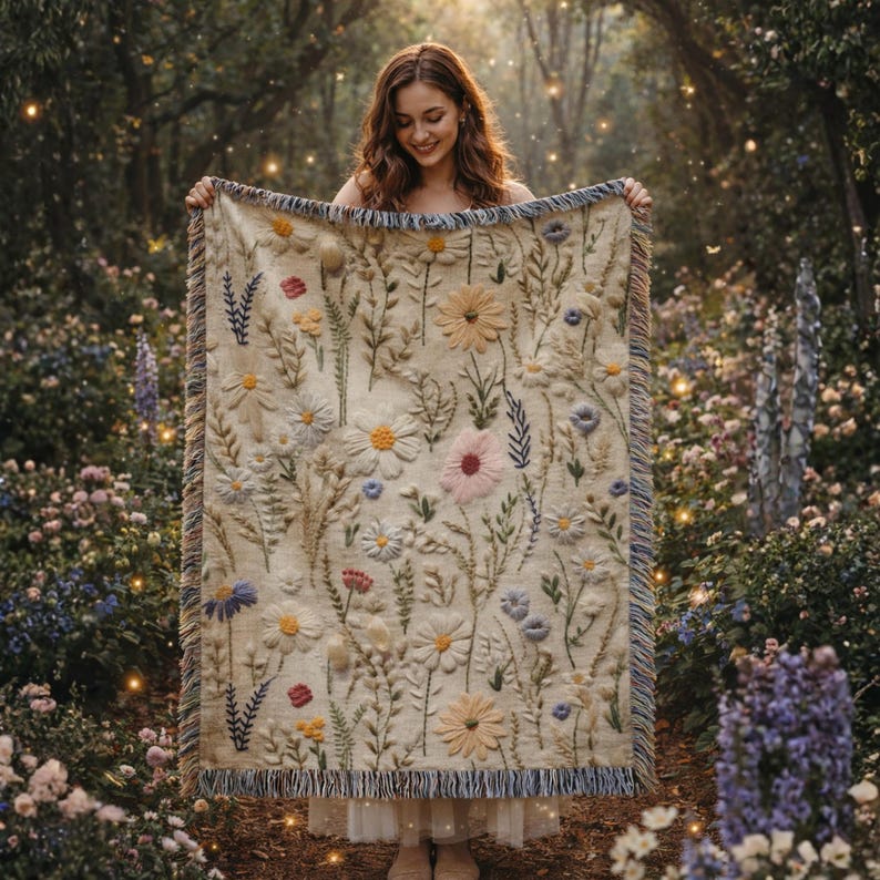 Personalized Wildflower Woven Blanket, Vintage Floral Tapestry Gift, Boho Nature Gift for Sister, Friends, Nature Aesthetic Blanket 016 No custom
