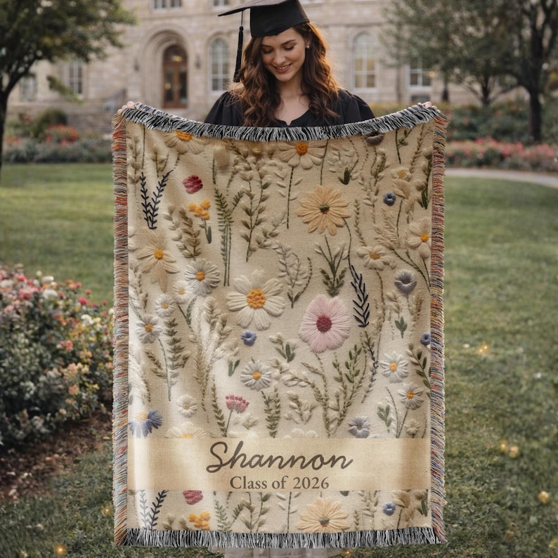Personalized Wildflower Woven Blanket, Vintage Floral Tapestry Gift, Boho Nature Gift for Sister, Friends, Nature Aesthetic Blanket 016 Custom 2