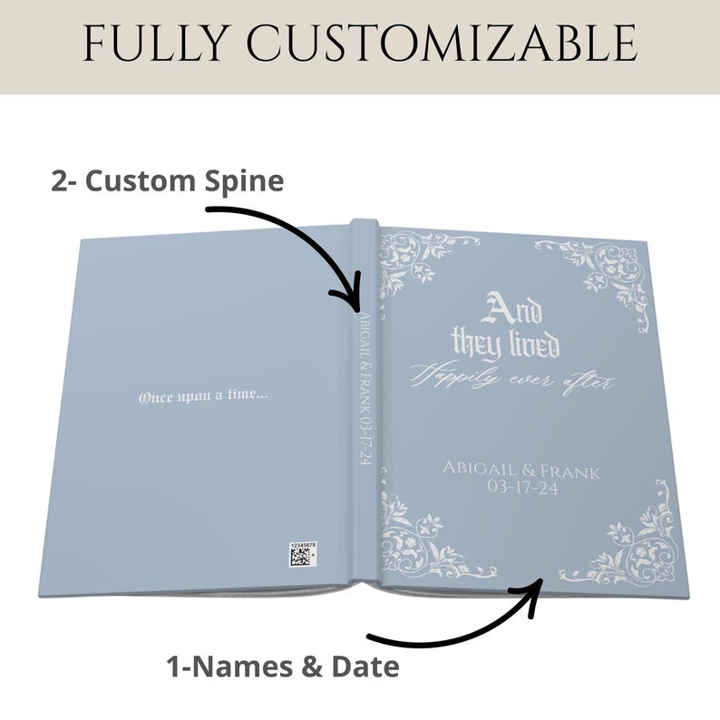 May include: Open light blue book with the text "And they lived happily ever after." The book is personalized with the names Abigail & Frank and the date 03-17-24. The spine reads "ABIGAIL & FRANK 03-17-24".