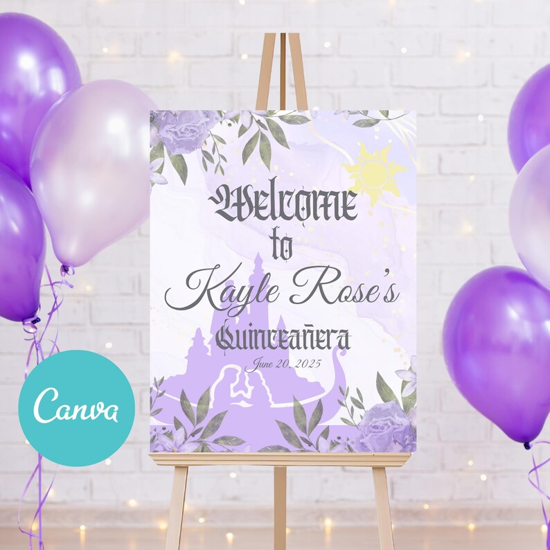 Puede incluir: Un cartel de bienvenida morado y blanco con una silueta de castillo, detalles florales y el texto "Bienvenido a Kayle Rose's Quincea&ntilde;era June 20, 2025".