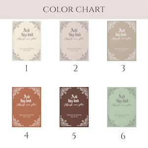 May include: Color chart of six wedding guest book options. Each book has the text "And they lived Happily ever after" with the names Abigail & Frank and the date 03-17-24. The books are in various colors.