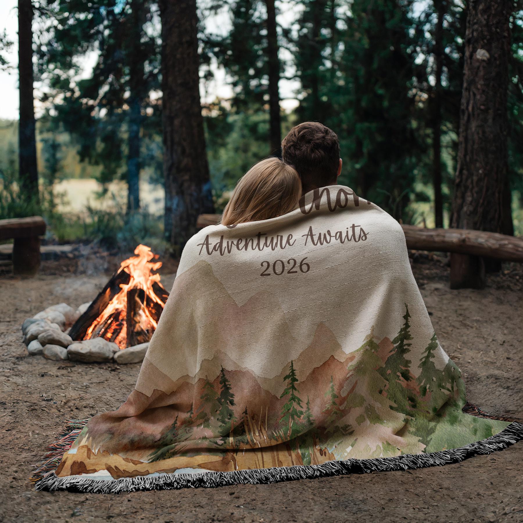 Personalized Mountain Couple Blanket, Adventure Awaits Wedding