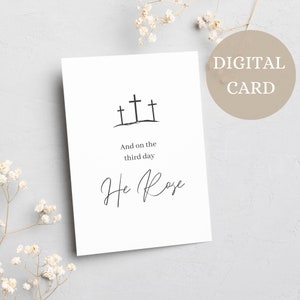 Minimalistische opstanding, en op de derde dag stond hij op, Pasen Bijbelvers wenskaart, Boho Paaskaart, Afdrukbare Schrift Paaskaart