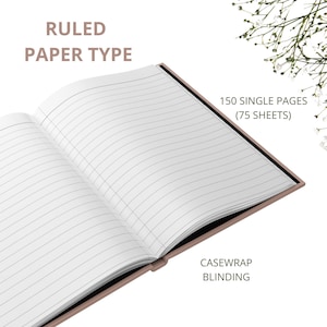 May include: A ruled notebook with 150 single pages (75 sheets) and casewrap binding. The notebook is open to show the lined paper.