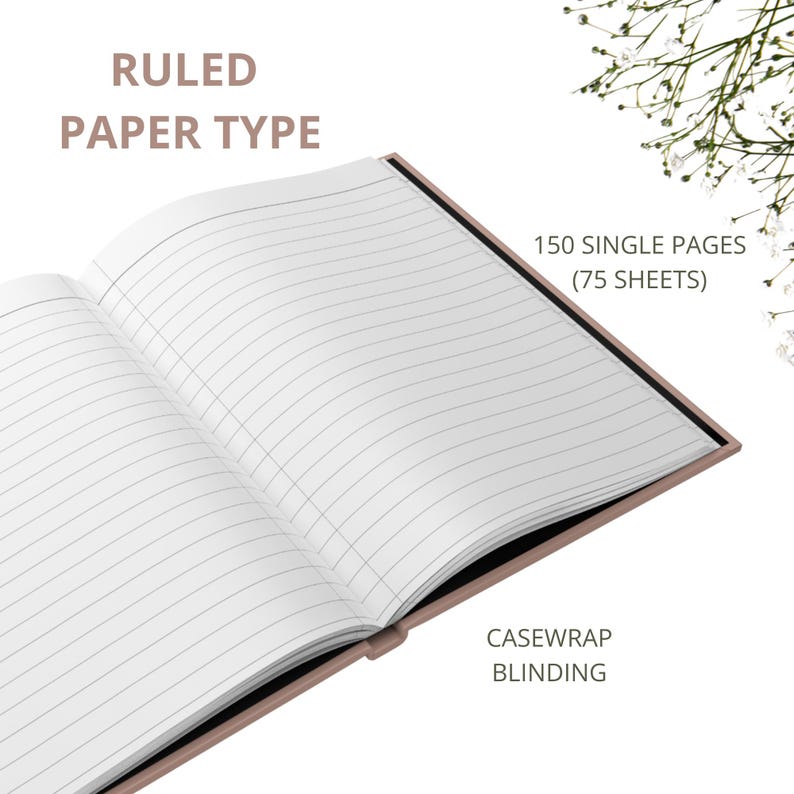 May include: A ruled notebook with 150 single pages (75 sheets) and casewrap binding. The notebook is open to show the lined paper.