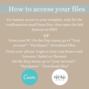 Puede incluir: Un gr&aacute;fico azul claro y blanco con instrucciones sobre c&oacute;mo acceder a los archivos digitales comprados en Etsy. El gr&aacute;fico incluye el texto "How to access your files" y los logotipos de Canva y Rustic Styles.