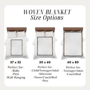 May include: Image shows three woven blankets on beds, each with a different size: 37 x 52 inches, 50 x 60 inches, and 60 x 80 inches. The text "WOVEN BLANKET Size Options" is at the top. The blankets are white with a decorative border.