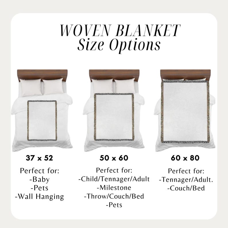 May include: Image shows three woven blankets on beds, each with a different size: 37 x 52 inches, 50 x 60 inches, and 60 x 80 inches. The text "WOVEN BLANKET Size Options" is at the top. The blankets are white with a decorative border.