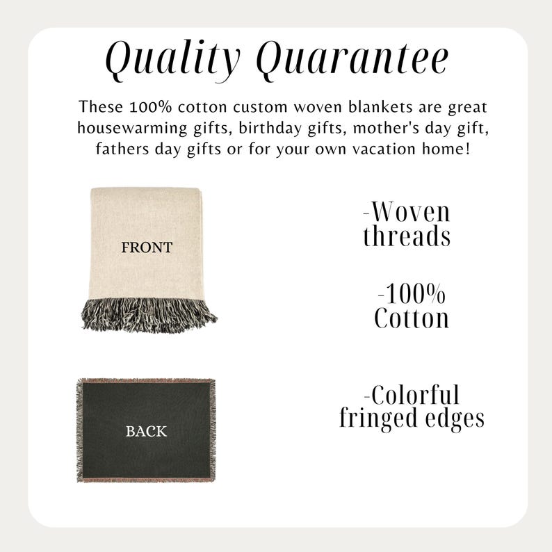 May include: A cream-colored woven blanket with black and white fringed edges. The front of the blanket is labeled "FRONT" and the back is labeled "BACK". The text reads "Quality Guarantee" and "100% cotton".