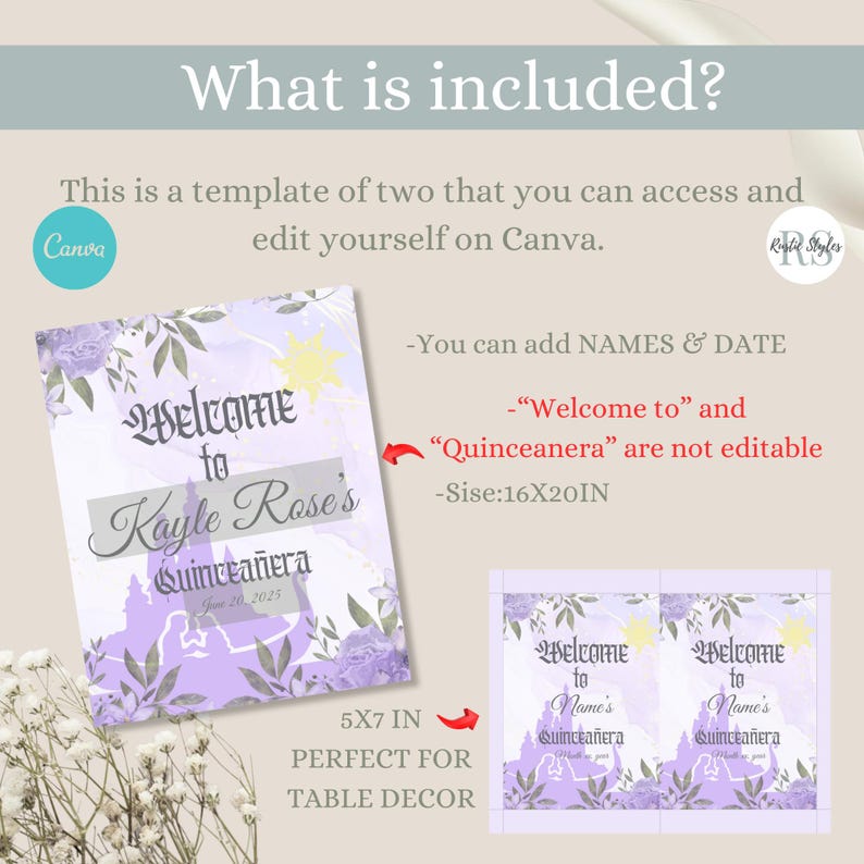 Puede incluir: Dos carteles de mesa imprimibles de 12,7 x 17,8 cm para una Quincea&ntilde;era. Los carteles presentan una silueta de castillo morado y gris con acentos florales. El texto en los carteles dice "Bienvenido a Kayle Rose's Quincea&ntilde;era" y "Bienvenido a Name's Quincea&ntilde;era".
