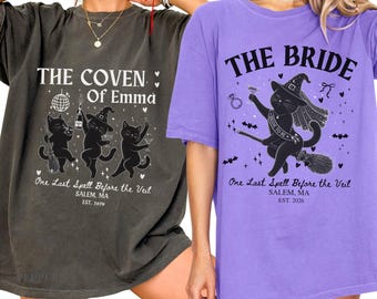Comfort Colors Witchy Bride Bachelorette Tshirts Custom Halloween Bach Party Shirt Sooky Bride Gift Bride and Coven Black Cat Gothic