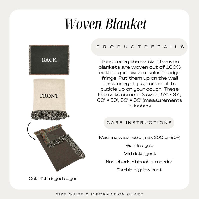 May include: Woven blanket with colorful fringed edges. The image shows the front and back of the blanket, along with care instructions. The blankets come in three sizes: 52" x 37", 60" x 50", and 80" x 60".