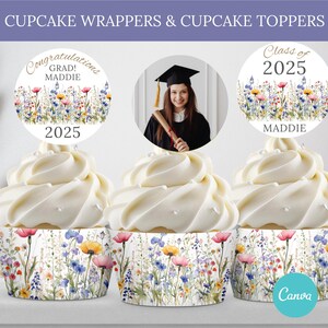 May include: Three cupcake wrappers with a floral design and three cupcake toppers. The toppers feature a photo of a graduate in a cap and gown, a topper that says "Congratulations Grad! Maddie 2025" and a topper that says "Class of 2025 Maddie".