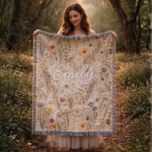 Personalized Wildflower Woven Blanket, Vintage Floral Tapestry Gift, Boho Nature Gift for Sister, Friends, Nature Aesthetic Blanket 016 Custom 1