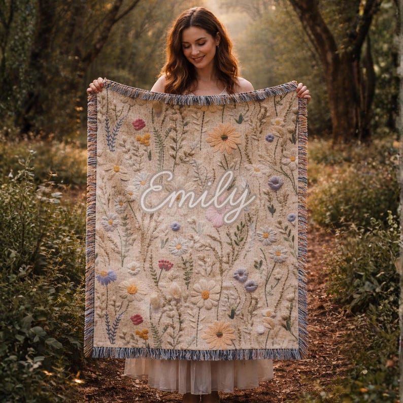 Personalized Wildflower Woven Blanket, Vintage Floral Tapestry Gift, Boho Nature Gift for Sister, Friends, Nature Aesthetic Blanket 016 Custom 1