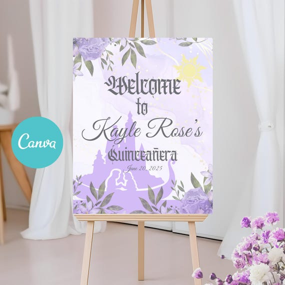 Tangled Welcome Sign, Quinceanera Welcome Sign, Fairytale Sign, Rapunzel Party, Princess Quince Welcome Sign Canva Template, Purple Welcome