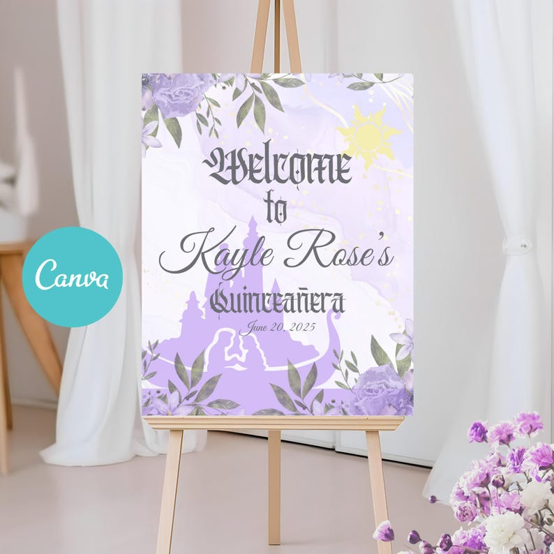 Puede incluir: Un cartel de bienvenida morado y blanco con un dise&ntilde;o floral y una silueta de un castillo. El texto dice "Welcome to Kayle Rose's Quincea&ntilde;era June 20, 2025".