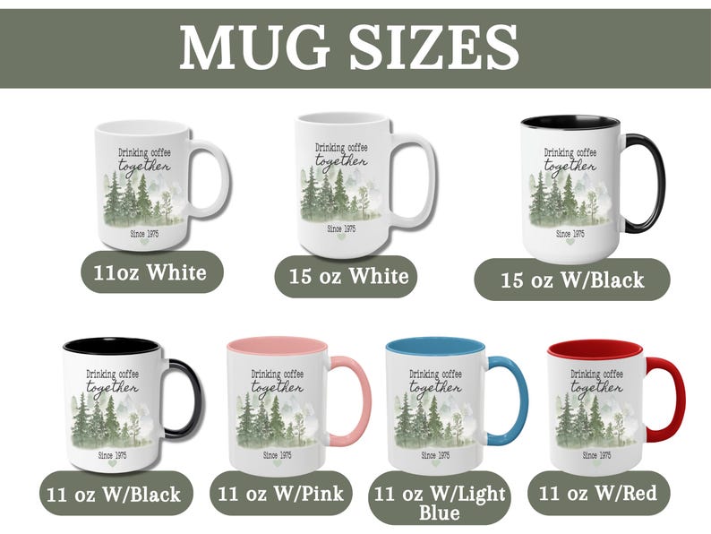 Może przedstawiać: R&oacute;żne rozmiary kubk&oacute;w z napisem "Drinking coffee together" i motywem lasu. Dostępne w rozmiarach 312 ml i 444 ml, z opcjami w kolorze białym, czarnym, r&oacute;żowym, jasnoniebieskim i czerwonym. Idealne do gorących napoj&oacute;w.