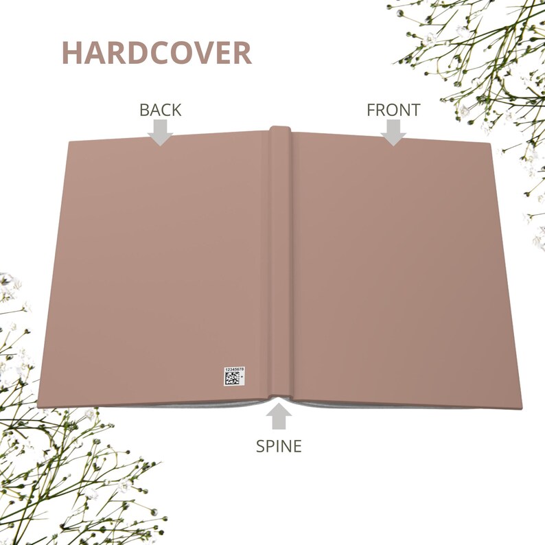 May include: Open hardcover book with a light brown cover. The spine, back, and front are visible, with arrows indicating each section. The word "HARDCOVER" is at the top. Delicate white flowers are in the background.