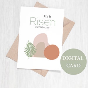 Minimalistische lege grafopstanding, hij is opgestaan Pasen Bijbelvers wenskaart, Boho Paaskaart, Afdrukbare Schrift Paaskaart