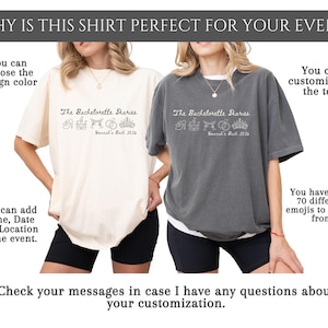 Puede incluir: Dos camisetas de gran tama&ntilde;o, una crema y otra gris, con el texto "The Bachelorette Diaries" y detalles del evento. Las camisetas ofrecen personalizaci&oacute;n de color y texto, con opciones para nombres, fechas, ubicaciones y emojis. La imagen incluye el texto "&iquest;Por qu&eacute; esta camiseta es perfecta para tu evento?"