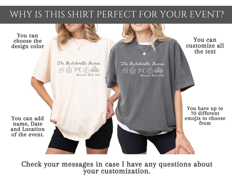 Puede incluir: Dos camisetas de gran tama&ntilde;o, una crema y otra gris, con el texto "The Bachelorette Diaries" y detalles del evento. Las camisetas ofrecen personalizaci&oacute;n de color y texto, con opciones para nombres, fechas, ubicaciones y emojis. La imagen incluye el texto "&iquest;Por qu&eacute; esta camiseta es perfecta para tu evento?"